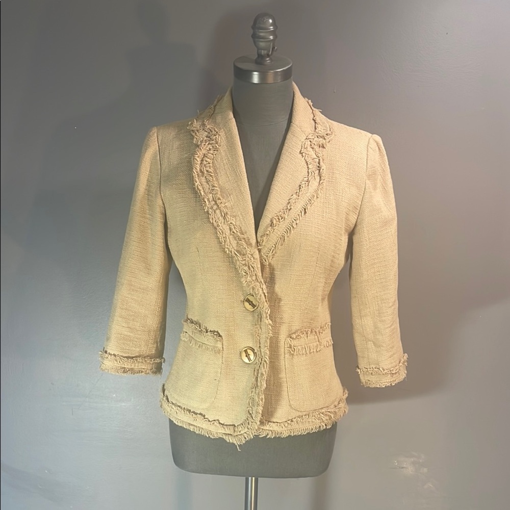 Josephine Chaus Tan Blazer with Fringe Trim 3/4 sleeve